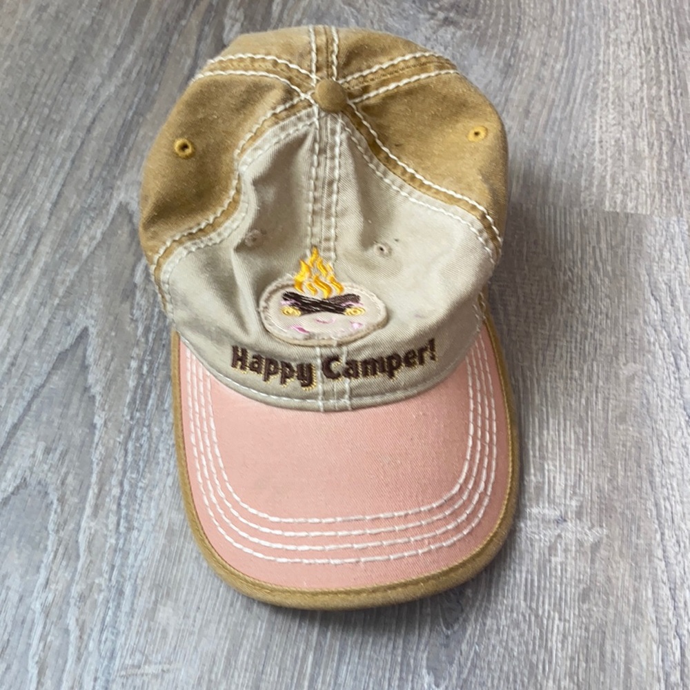 Happy Camper Embroidered Baseball Cap - Tan & Pink